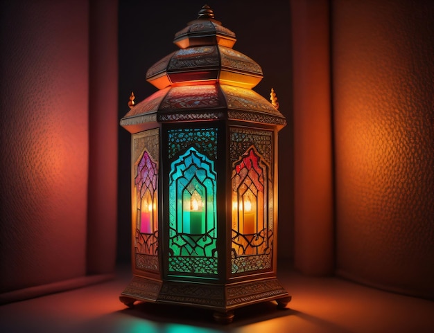 Una lanterna araba ornamentale con vetro colorato che brilla su uno sfondo scuro un saluto per Ramada