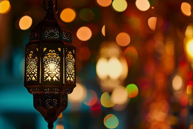 Una lanterna arabica colorata e illuminata appesa per il Ramadan