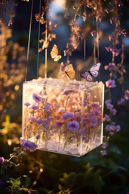 una lanterna con farfalle e fiori
