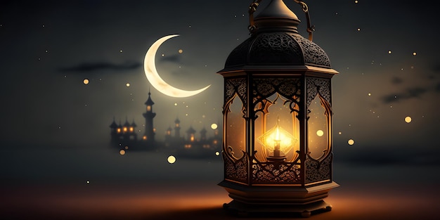 Una lanterna con la luna sullo sfondo per il modello ramadan e eid