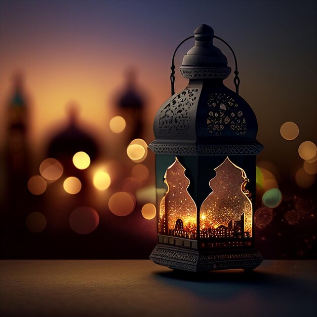 Una lanterna con la scritta ramadan davanti a un paesaggio urbano sfocato