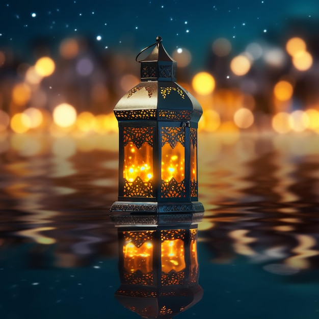 Una lanterna con le luci che si riflettono nell'acqua