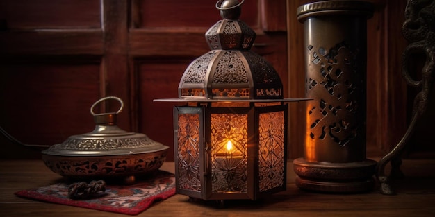 Una lanterna con sopra una candela si trova su un tavolo accanto a una teiera.