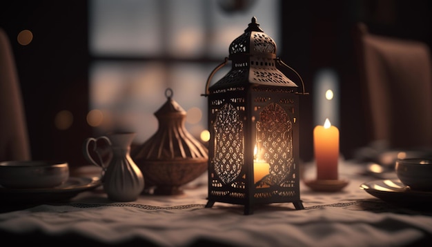 Una lanterna con sopra una candela si trova su un tavolo davanti a una finestra.
