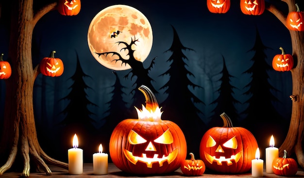 Una lanterna con testa di zucca di Halloween con candele accese su un tavolo di legno con uno spaventoso spettrale