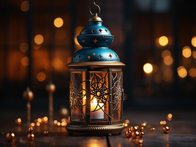 Una lanterna con una candela davanti a uno sfondo scuro Lanterna araba ornamentale con combustione