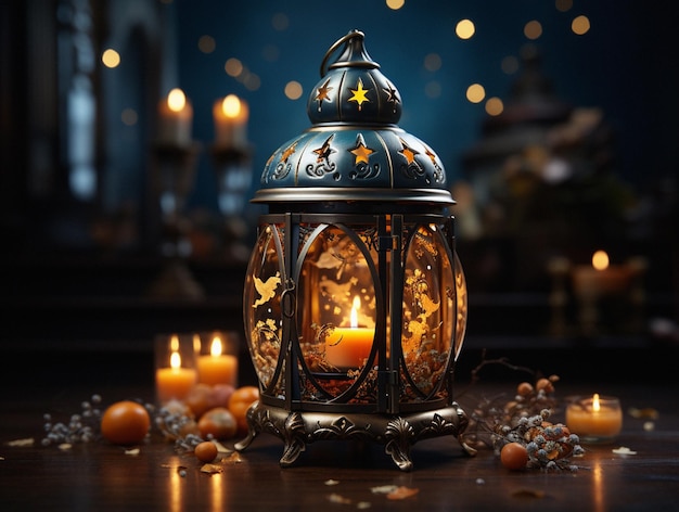 Una lanterna con una candela davanti a uno sfondo scuro Lanterna araba ornamentale con combustione