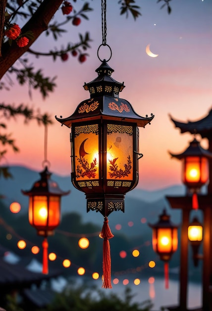 una lanterna con una luna crescente sullo sfondo e la luna sullo sfondo