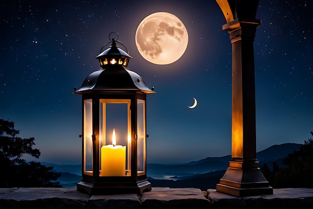 una lanterna con una luna piena e una luna sullo sfondo