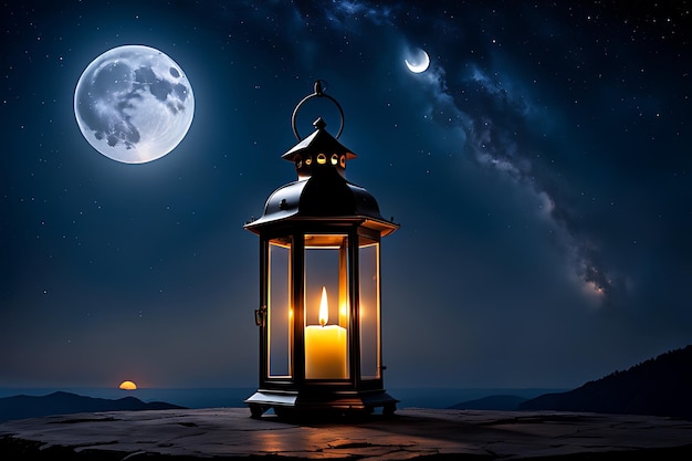 una lanterna con una luna piena sullo sfondo e una luna nel cielo