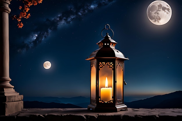 una lanterna con una luna piena sullo sfondo