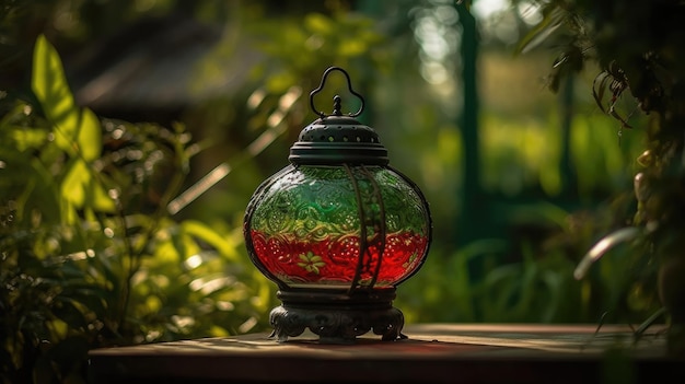 Una lanterna con una sfumatura rossa e verde si trova su un tavolo in giardino.