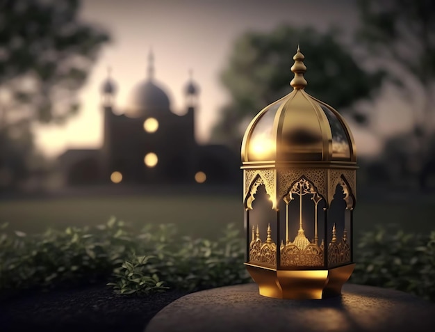 Una lanterna d'oro si trova su una roccia di fronte a una moschea.