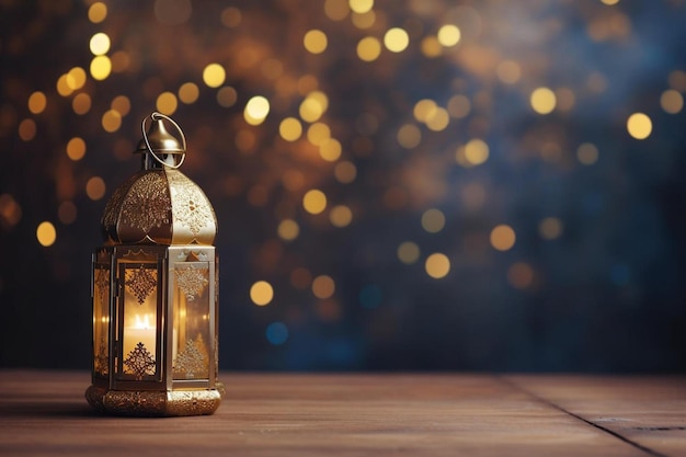 una lanterna d'oro su un tavolo di legno con luci bokeh sullo sfondo