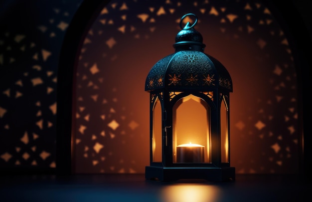 una lanterna di Ramadan si siede di notte in una cornice
