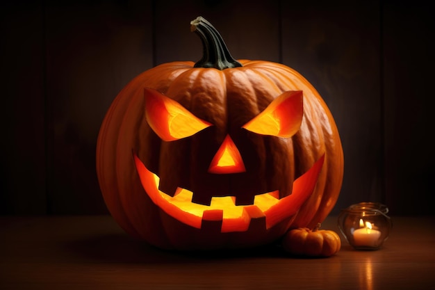 Una lanterna di zucca spaventosa con un sorriso malvagio per Halloween