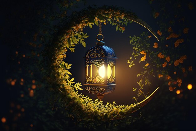 Una lanterna dorata appesa davanti a un cielo notturno blu scuro, illuminata da una falce di luna durante il Ramadan.
