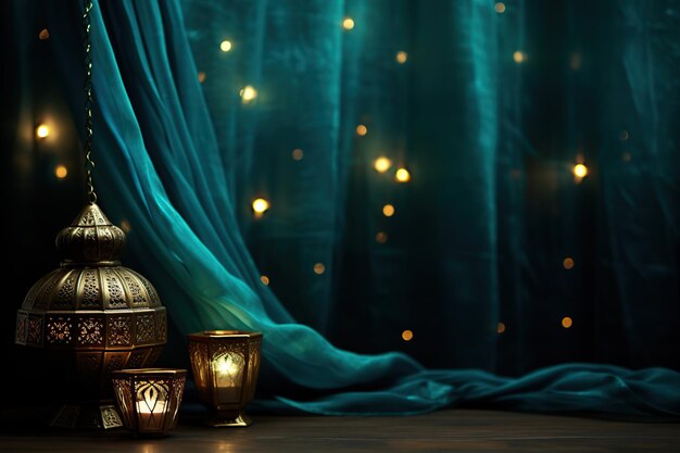 Una lanterna islamica con luci bokeh sullo sfondo per Adha e Fitr Eid Ramadan Kareem
