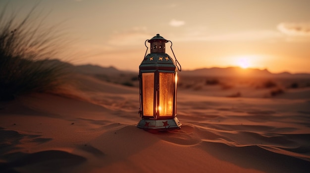 Una lanterna nel deserto al tramonto