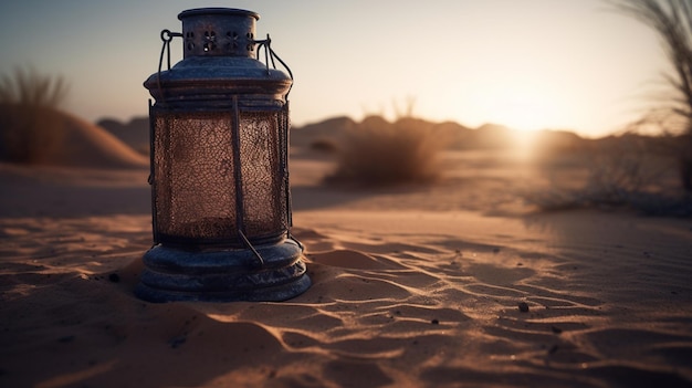 Una lanterna nel deserto con il sole che tramonta dietro di essa