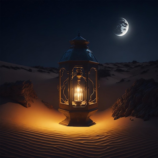Una lanterna nel deserto con la luna sullo sfondo