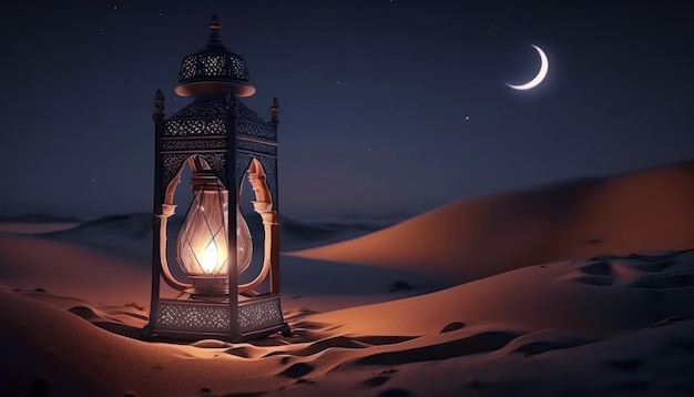 Una lanterna nel deserto con la luna sullo sfondo
