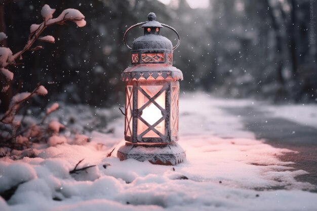 Una lanterna nella neve con sopra la parola inverno