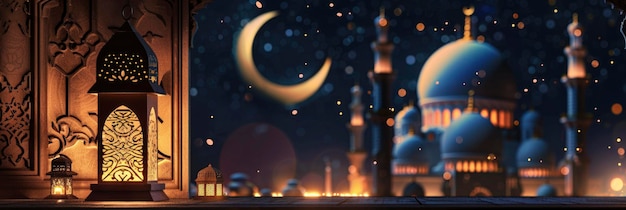 una lanterna ornamentale con luna crescente sullo sfondo della silhouette della moschea di notte concetto di Ramadan