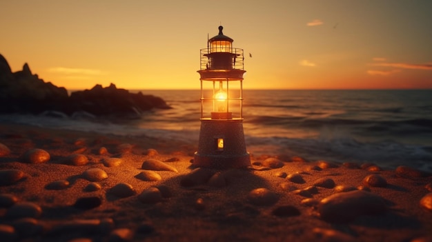 Una lanterna sulla spiaggia al tramonto con un faro sullo sfondo AI generativa