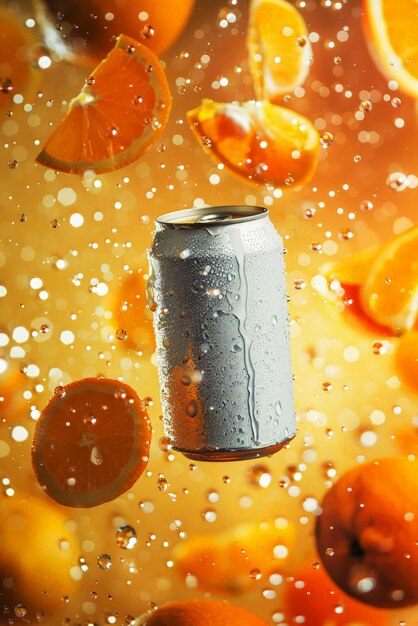 Una lattina di soda arancione molto fredda senza testo galleggiante