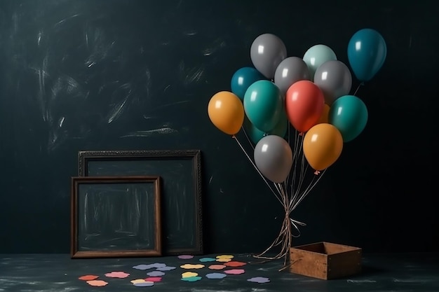 Una lavagna con davanti un mucchio di palloncini colorati