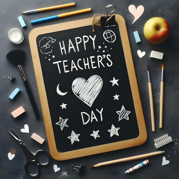 Una lavagna con il messaggio "Felice Giorno degli Insegnanti" scritto a gesso