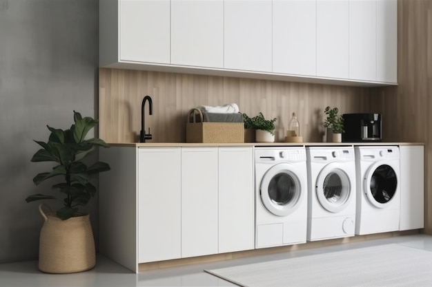Una lavanderia che combina stile e funzionalità con un moderno set di lavatrice e asciugatrice La tecnologia AI Generative rende tutto possibile