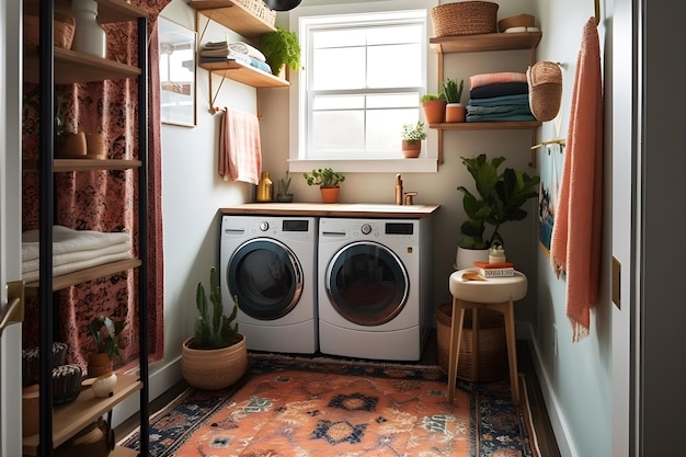 Una lavanderia con tappeto, lavatrice e asciugatrice.