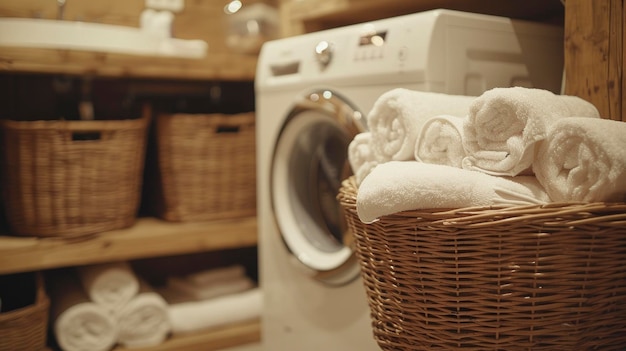 Una lavatrice e un cesto pieno di asciugamani situati in un'elegante lavanderia uno spazio sofisticato e funzionale per le faccende domestiche