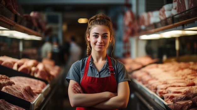 una lavoratrice in piedi davanti a uno scaffale con carne cruda Macellaio che lavora in una macelleria moderna