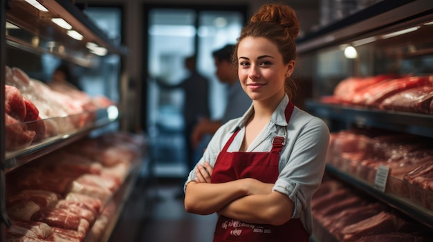 una lavoratrice in piedi davanti a uno scaffale con carne cruda Macellaio che lavora in una macelleria moderna