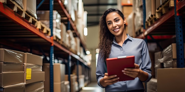 Una lavoratrice sorridente in un magazzino di ferramenta in piedi che controlla le forniture sul suo tablet guarda la fotocamera