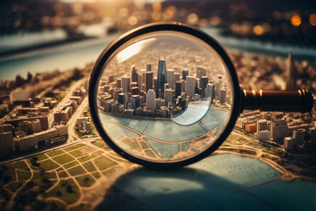 Una lente d'ingrandimento che vola sopra una mappa della città alla ricerca dell'investimento immobiliare perfetto