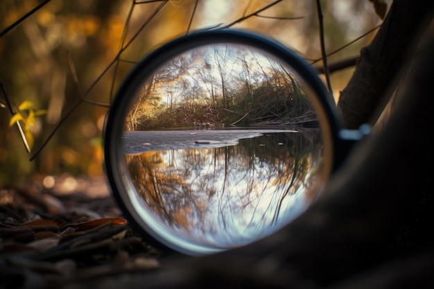 Una lente d'ingrandimento con alberi riflessi in essa AI generativa