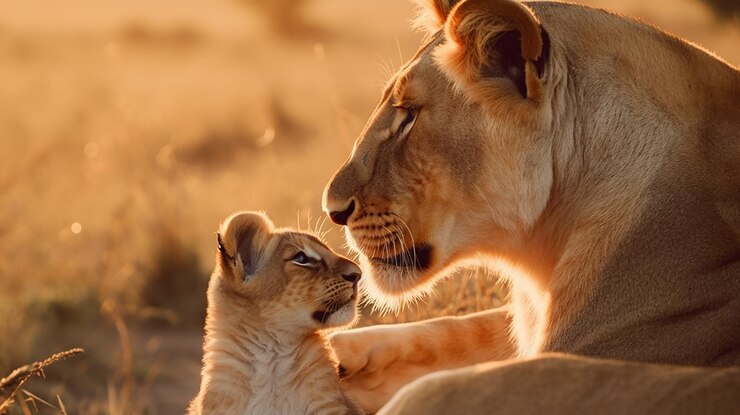 Una leonessa e il suo cucciolo si guardano l'un l'altro.