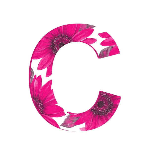 una lettera c è stampata in rosa e ha fiori in rosa
