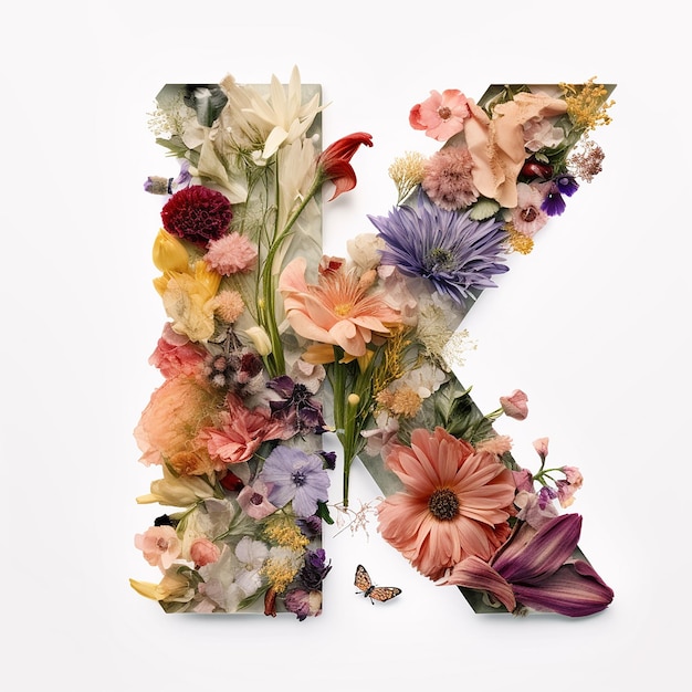 Una lettera floreale k è realizzata con fiori e farfalle.