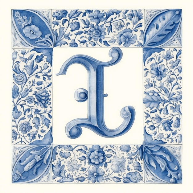 Una lettera l blu e bianca con motivi floreali.