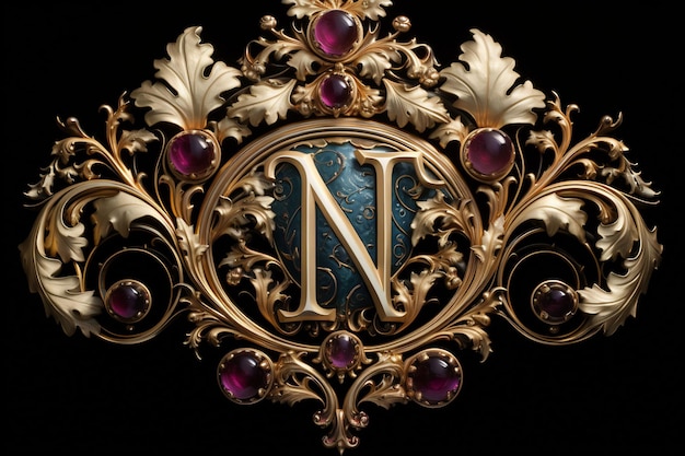 una lettera n è in una cornice d'oro con gemme blu e viola