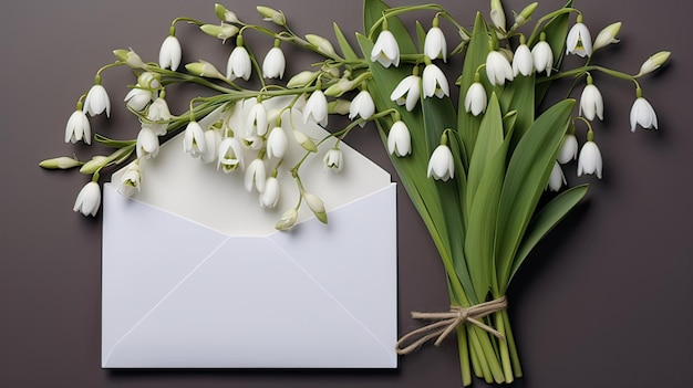 una lettera nel convoglio sullo sfondo di un bouquet di gocce di neve