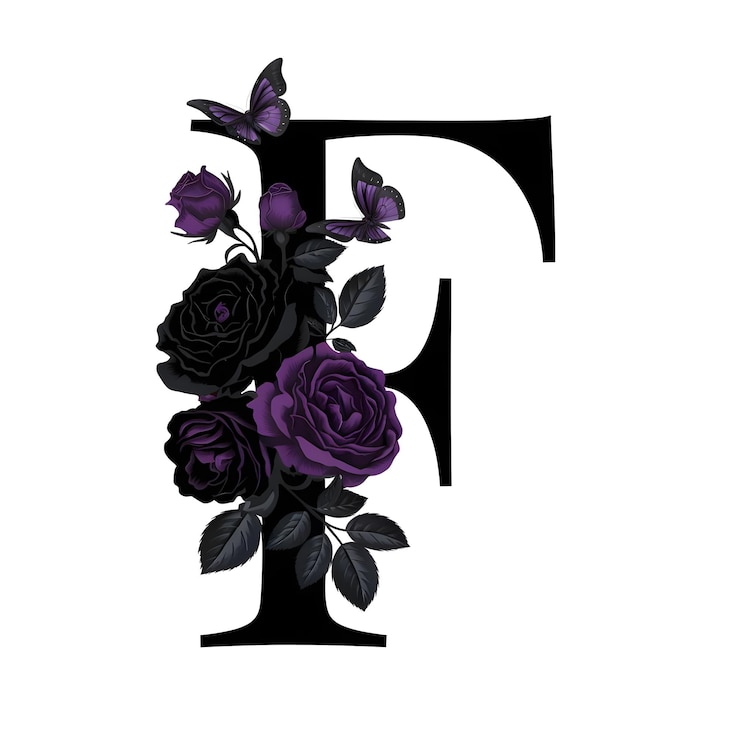 Foto una lettera nera f con fiori viola disegno alfabetico