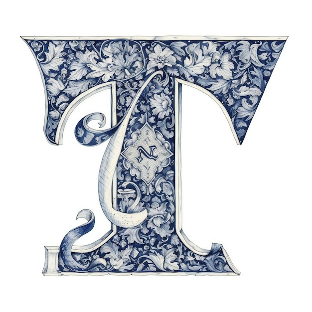 Una lettera t blu e bianca con motivo floreale.