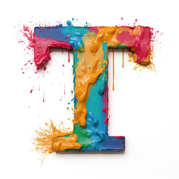 Una lettera tridimensionale t dipinta con grandi pennellate multicolori di pittura a olio lettera isolata sopra