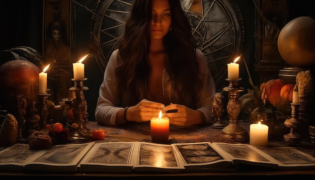 Una lettrice di tarocchi con le carte in una serata mistica